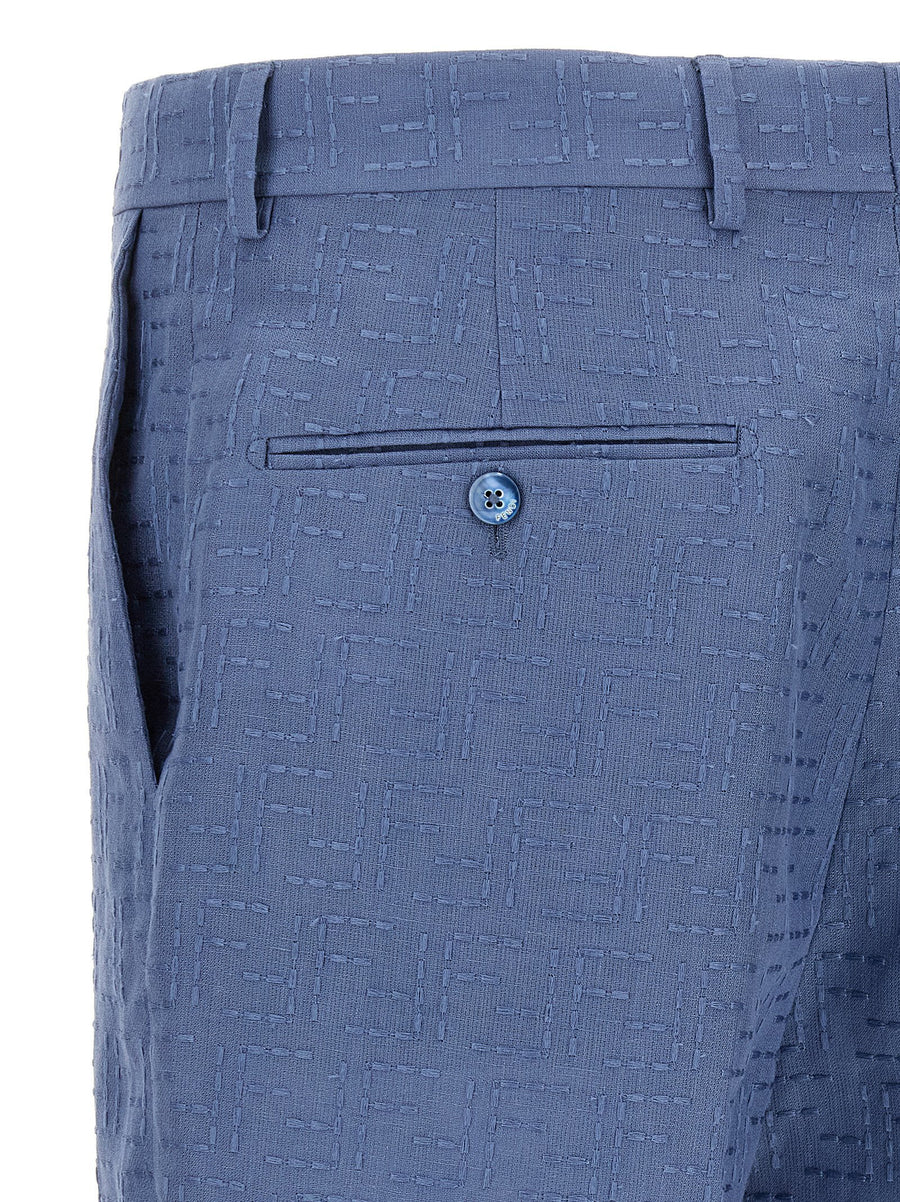 Fendi Light Blue Linen Cotton Bermuda Shorts FF Jacquard
