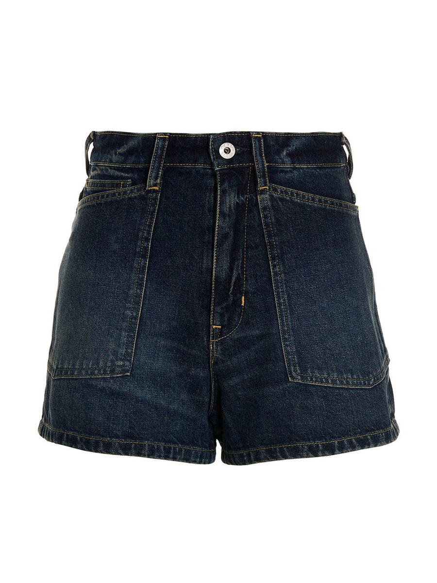 Kenzo Denim Shorts For Women 100 Percent Cotton With Zip Button Closure And Leather Logo Patch Premium Essential