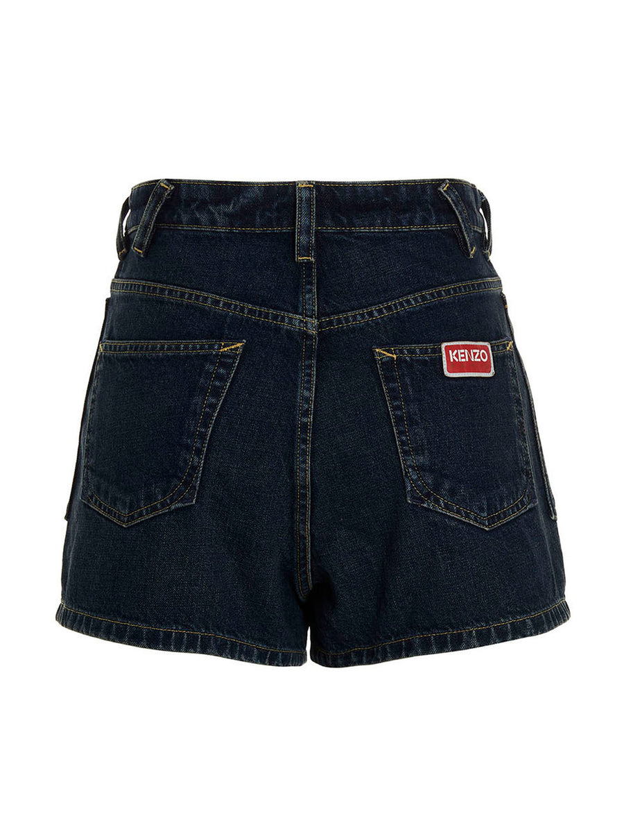 Kenzo Denim Shorts For Women 100 Percent Cotton With Zip Button Closure And Leather Logo Patch Premium Essential