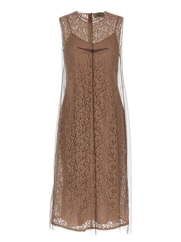 Fendi Beige Floral Lace Dress With Tulle Overlay And Back Slit