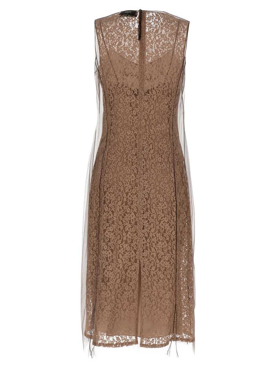 Fendi Beige Floral Lace Dress With Tulle Overlay And Back Slit