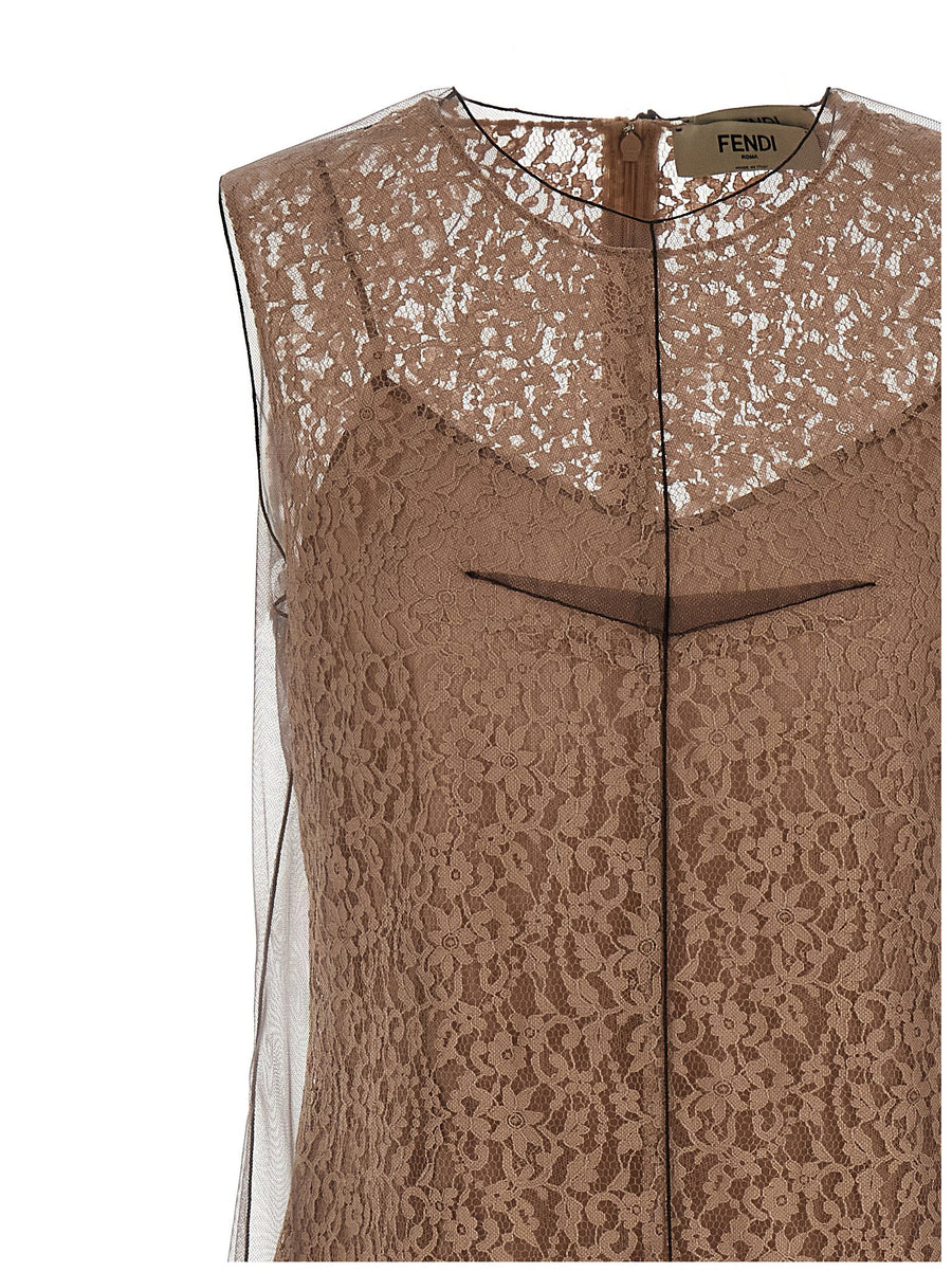 Fendi Beige Floral Lace Dress With Tulle Overlay And Back Slit