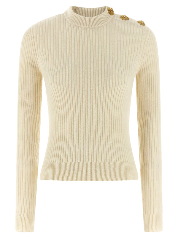 Balmain Ribbed Sweater for Women Luxury White Cashmere Virgin Wool Blend Signature Lion Head Button