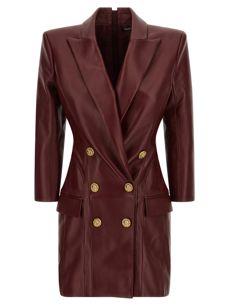 Balmain Blazer Dress Leather Bordeaux For Women Bold Luxurious Evening Statement Piece