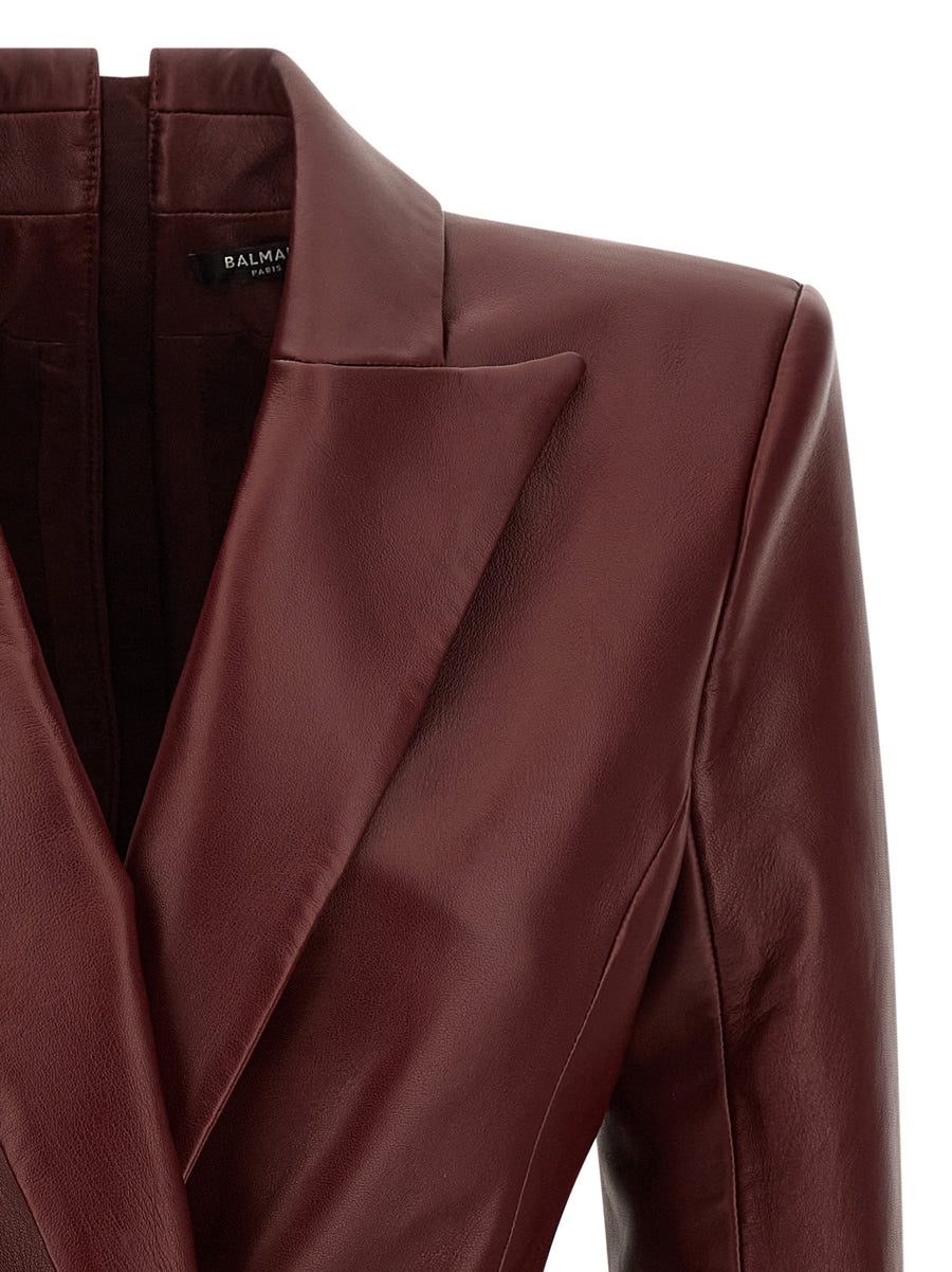 Balmain Blazer Dress Leather Bordeaux For Women Bold Luxurious Evening Statement Piece