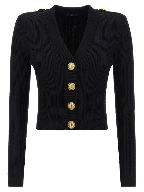 Balmain Twisted Knit Cardigan Couture Top for Women with Padded Shoulders and Coin Button Details