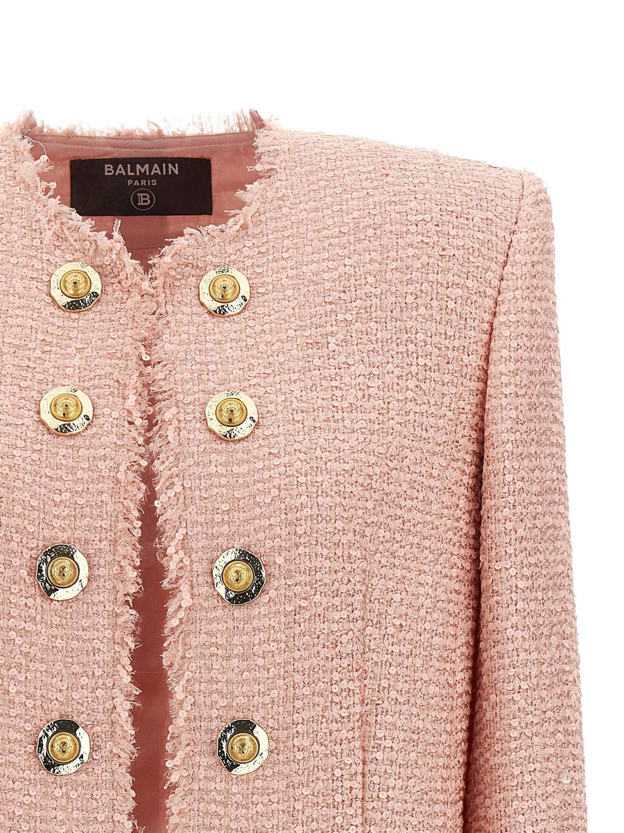 Balmain Sequin Tweed Blazer Pink Luxury Statement Jacket For Women With Dazzling All Over Sequins