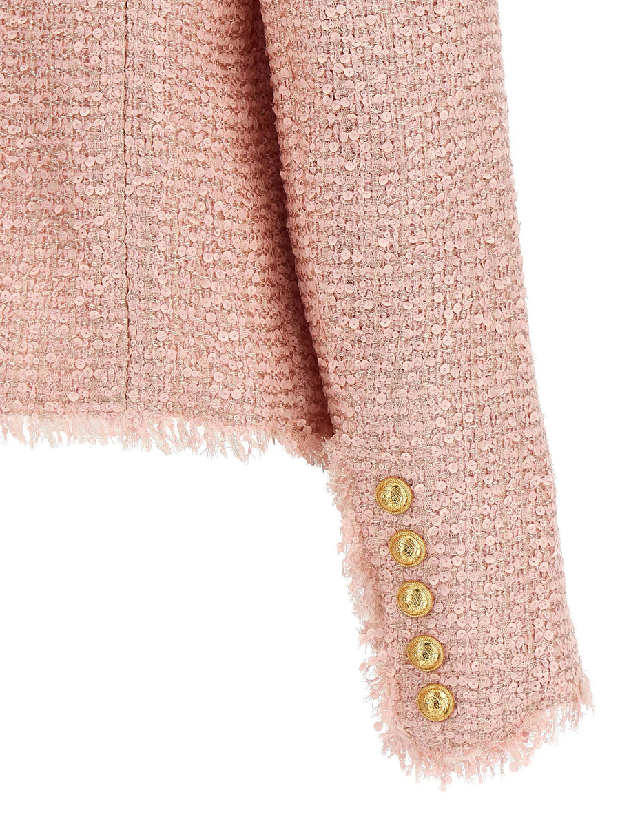 Balmain Sequin Tweed Blazer Pink Luxury Statement Jacket For Women With Dazzling All Over Sequins