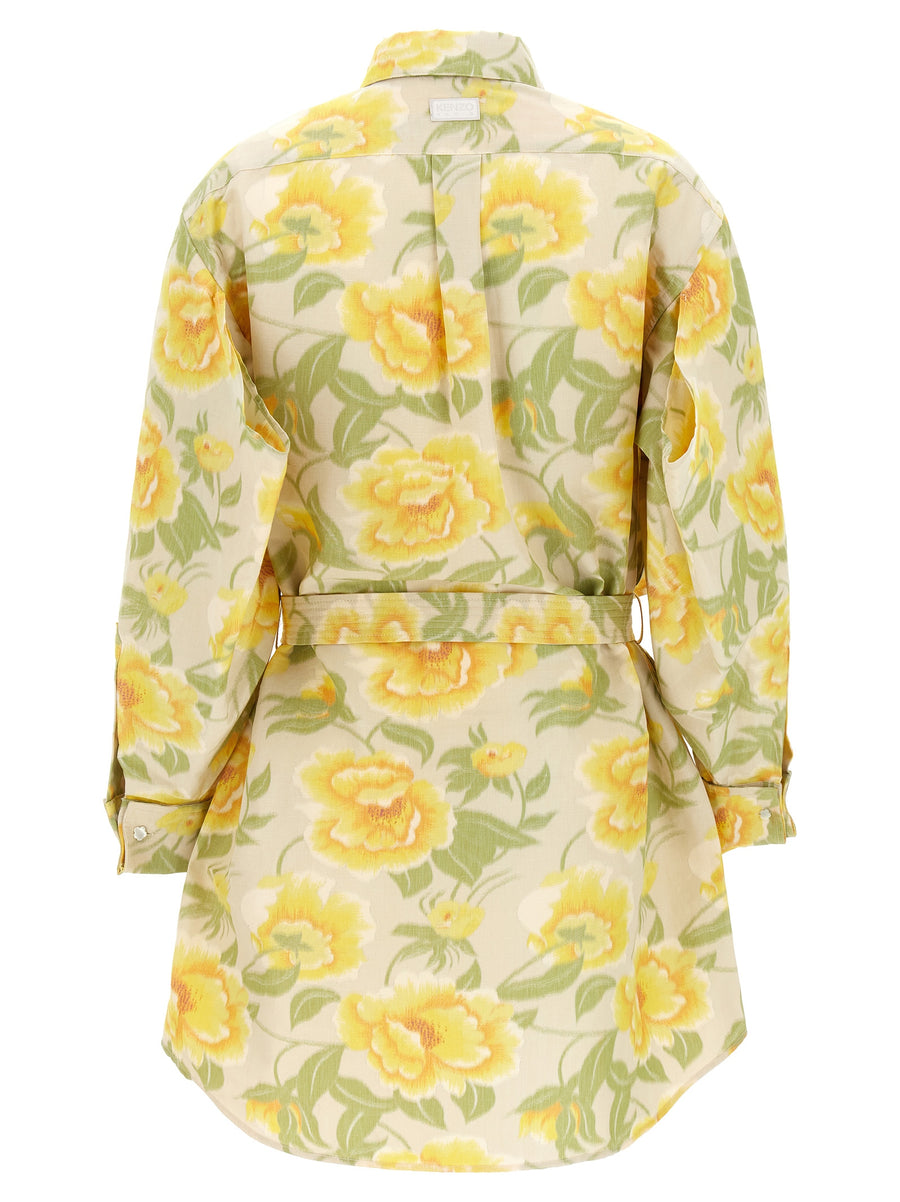 Kenzo Peonies Kimono Sleeve Dress for Women with Belted Waist Multicolor Print Spring Summer Versatile