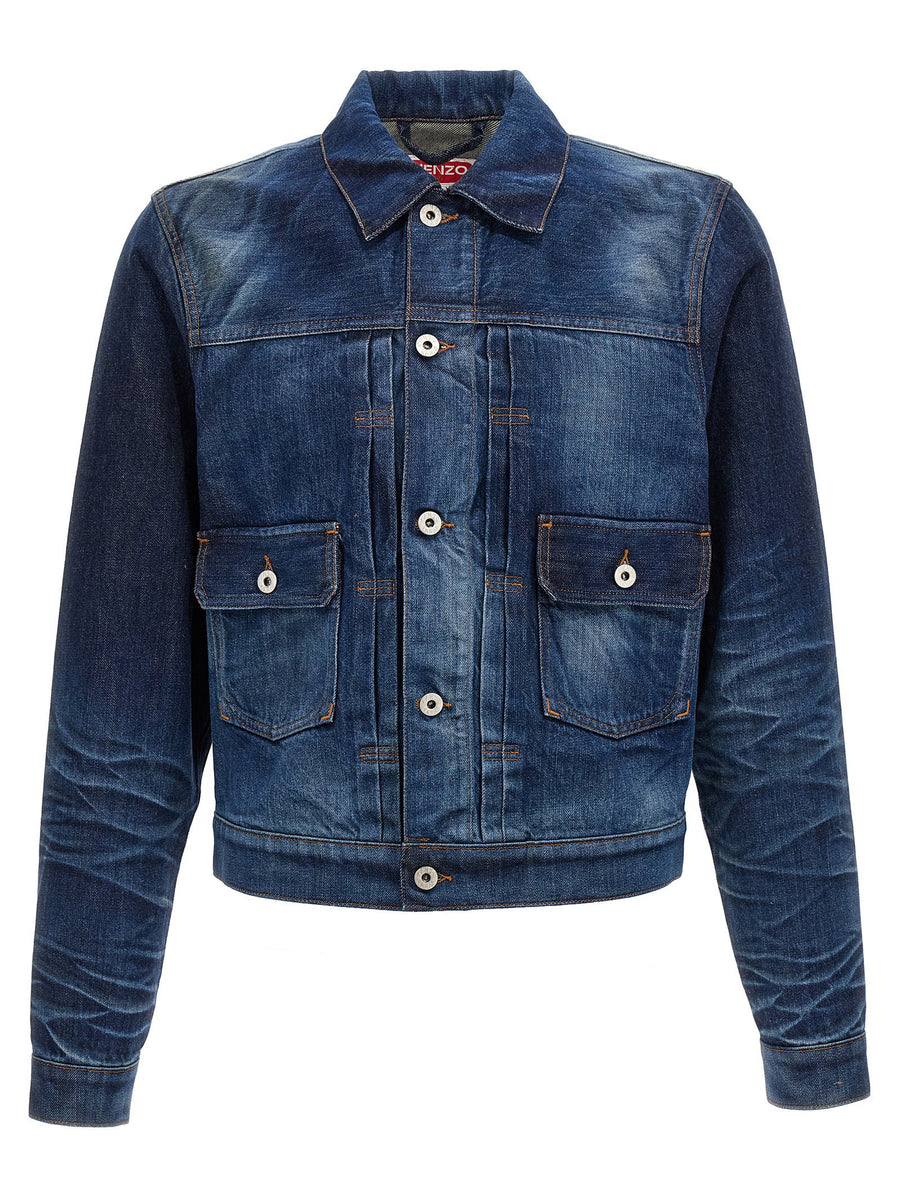 Kenzo Japanese Denim Jacket Premium 100 Percent Cotton Blue Bleached Wash With Contrast Stitching For Men