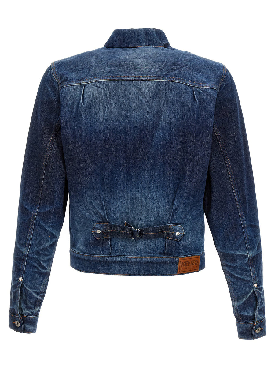Kenzo Japanese Denim Jacket Premium 100 Percent Cotton Blue Bleached Wash With Contrast Stitching For Men