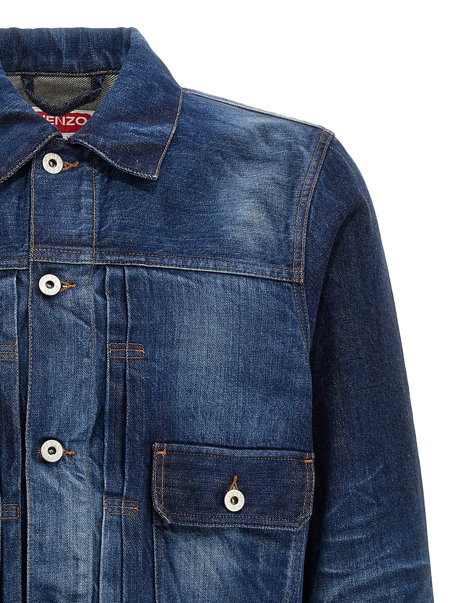 Kenzo Japanese Denim Jacket Premium 100 Percent Cotton Blue Bleached Wash With Contrast Stitching For Men