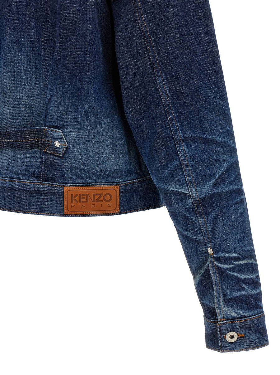 Kenzo Japanese Denim Jacket Premium 100 Percent Cotton Blue Bleached Wash With Contrast Stitching For Men