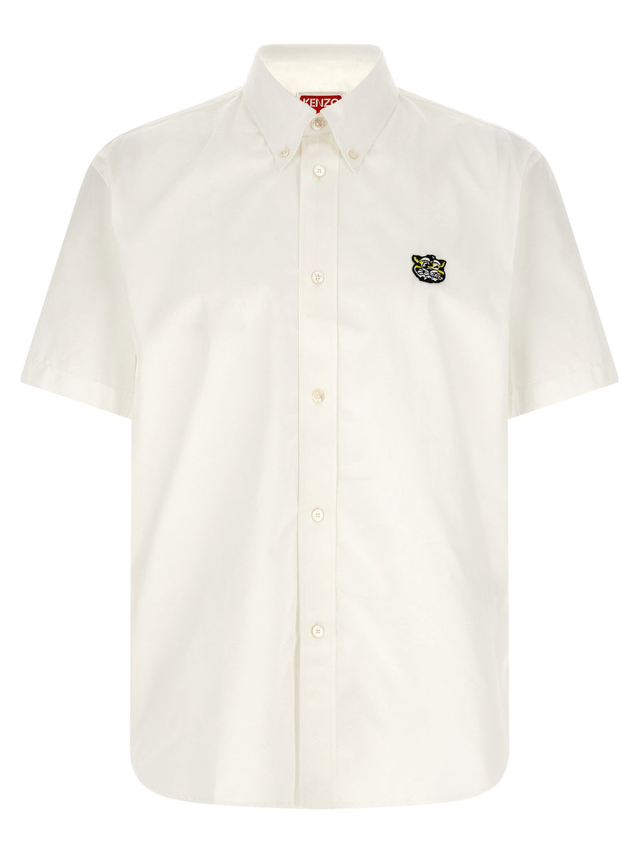 Kenzo Wild Tiger Crest Shirt For Men In White Cotton Poplin With Signature Patch