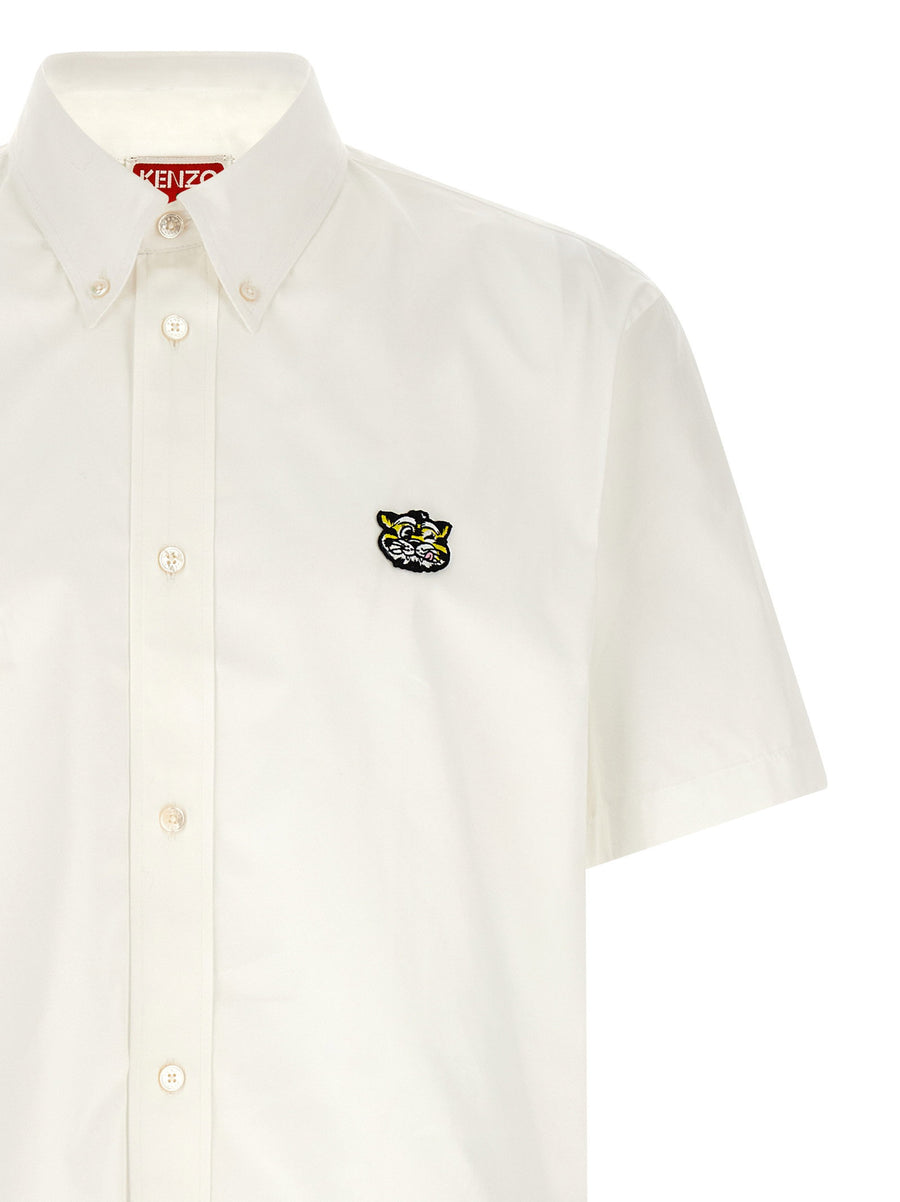 Kenzo Wild Tiger Crest Shirt For Men In White Cotton Poplin With Signature Patch