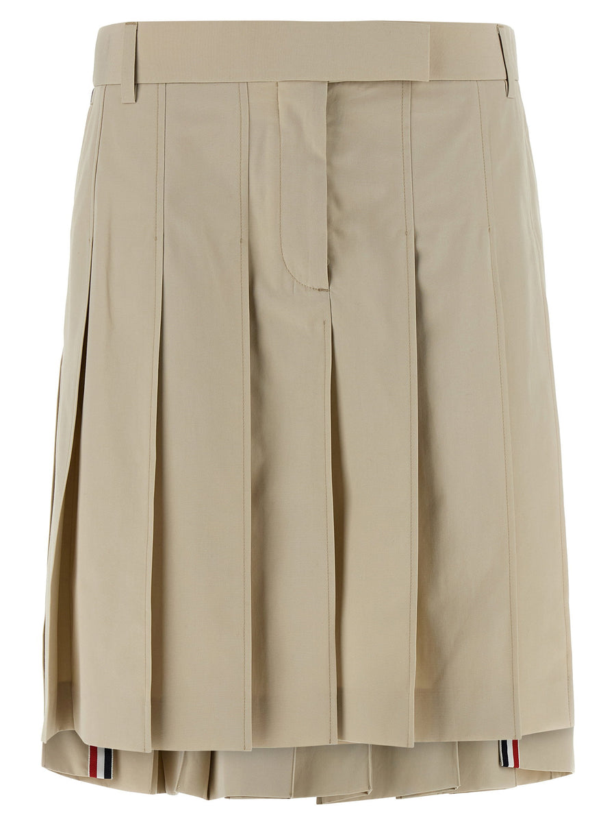 Thom Browne Pleated Mini Skirt With Grosgrain Ribbon Detail For Women Beige Cotton Luxury