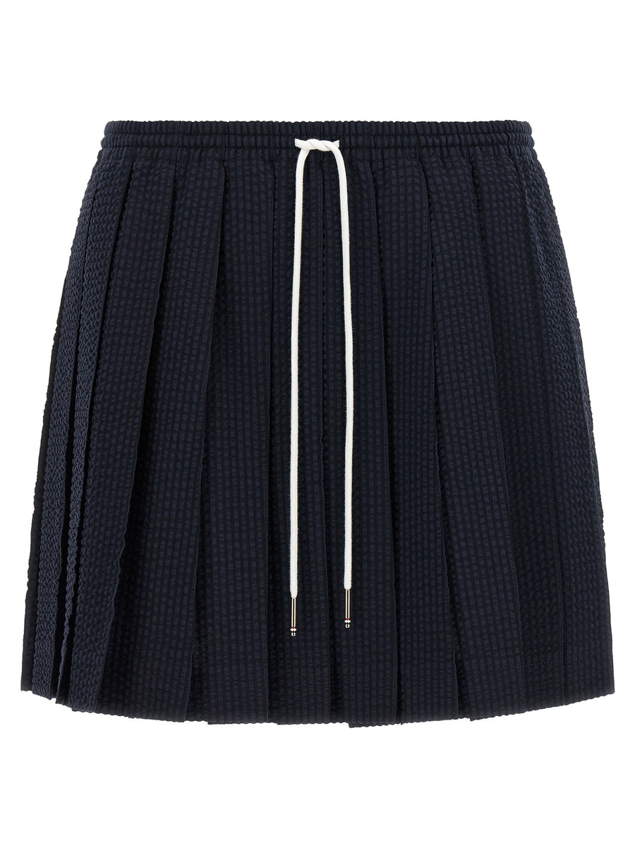 Thom Browne Blue Seersucker Wool Pleated Flared Mini Skirt Elastic Waist
