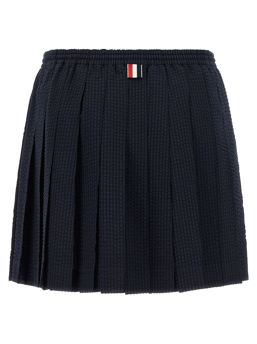 Thom Browne Blue Seersucker Wool Pleated Flared Mini Skirt Elastic Waist