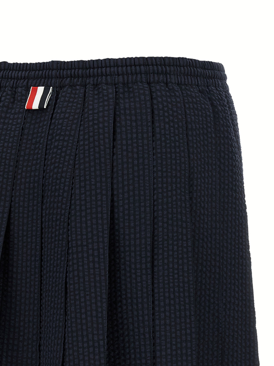 Thom Browne Blue Seersucker Wool Pleated Flared Mini Skirt Elastic Waist