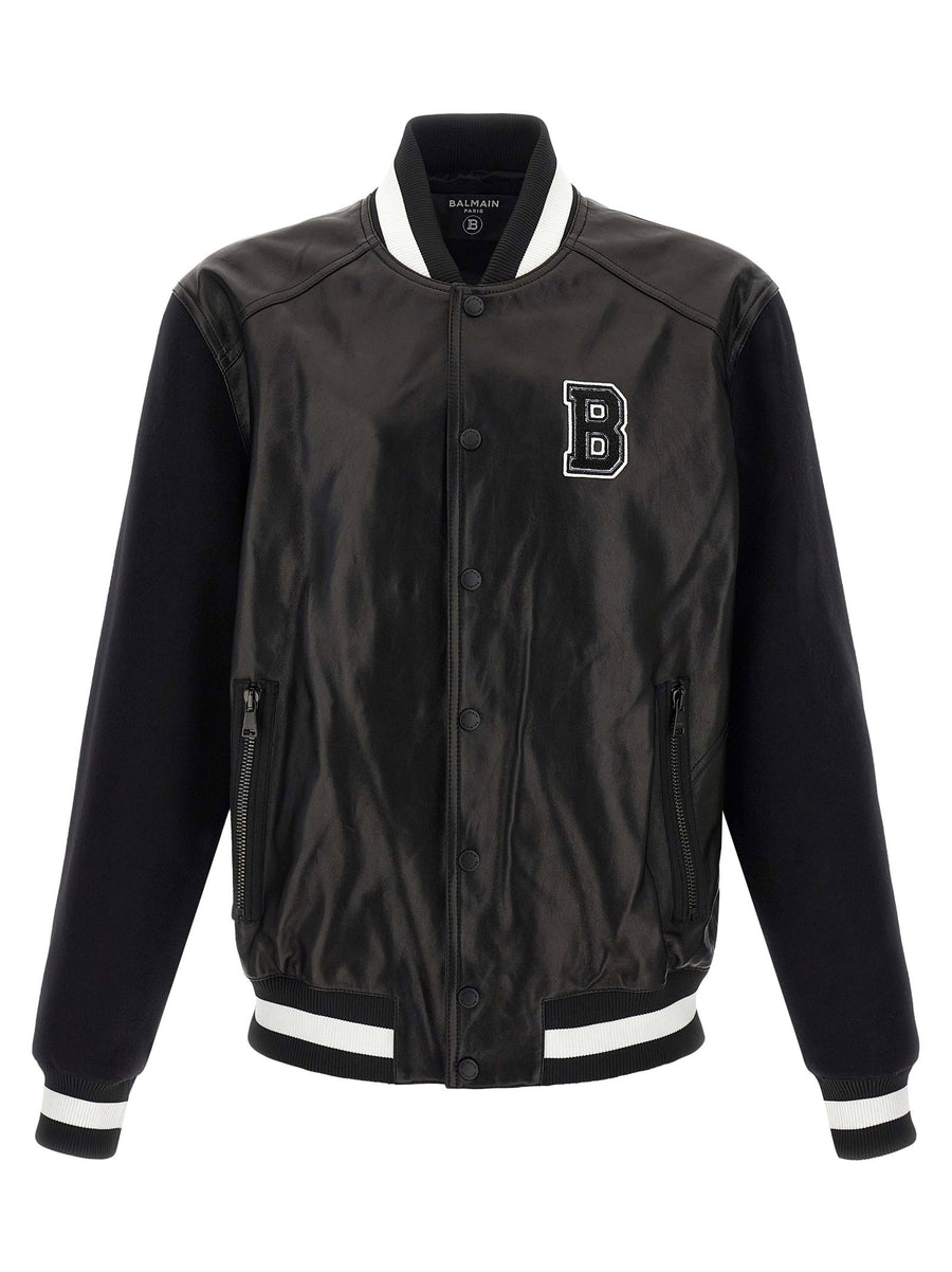 Balmain Varsity Bomber Jacket Luxury 100 Percent Lamb Leather Womens White Black