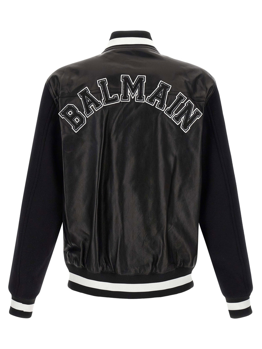 Balmain Varsity Bomber Jacket Luxury 100 Percent Lamb Leather Womens White Black