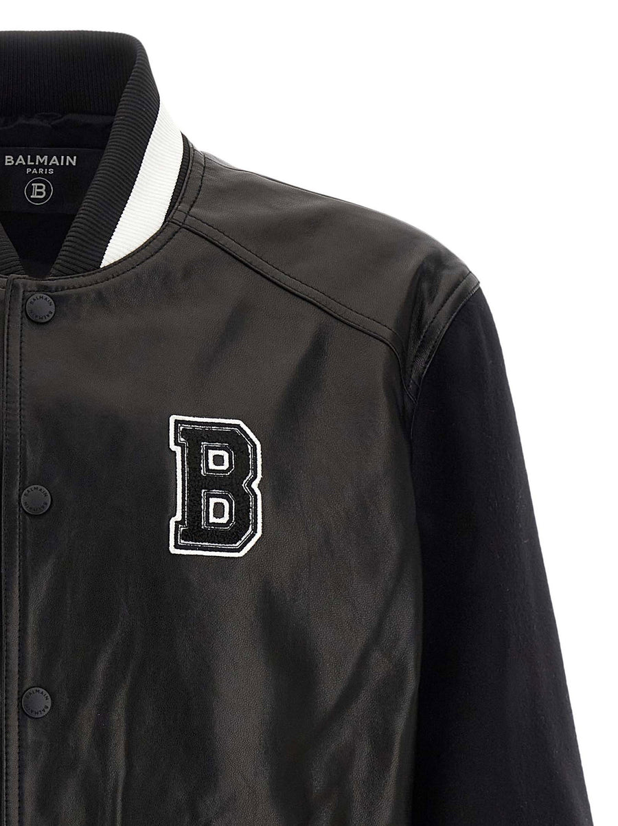 Balmain Varsity Bomber Jacket Luxury 100 Percent Lamb Leather Womens White Black