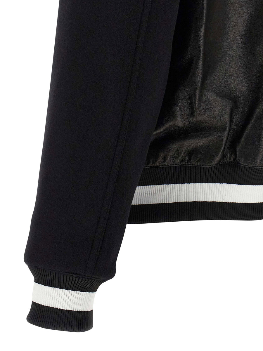 Balmain Varsity Bomber Jacket Luxury 100 Percent Lamb Leather Womens White Black
