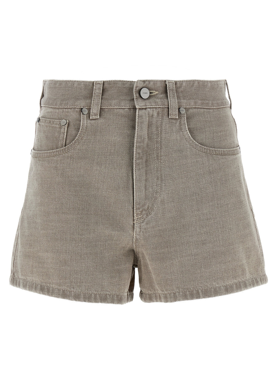 Fendi Stamp 1925 Shorts for Women Beige 100 Percent Cotton Denim with Signature Back Patch Luxury Detail
