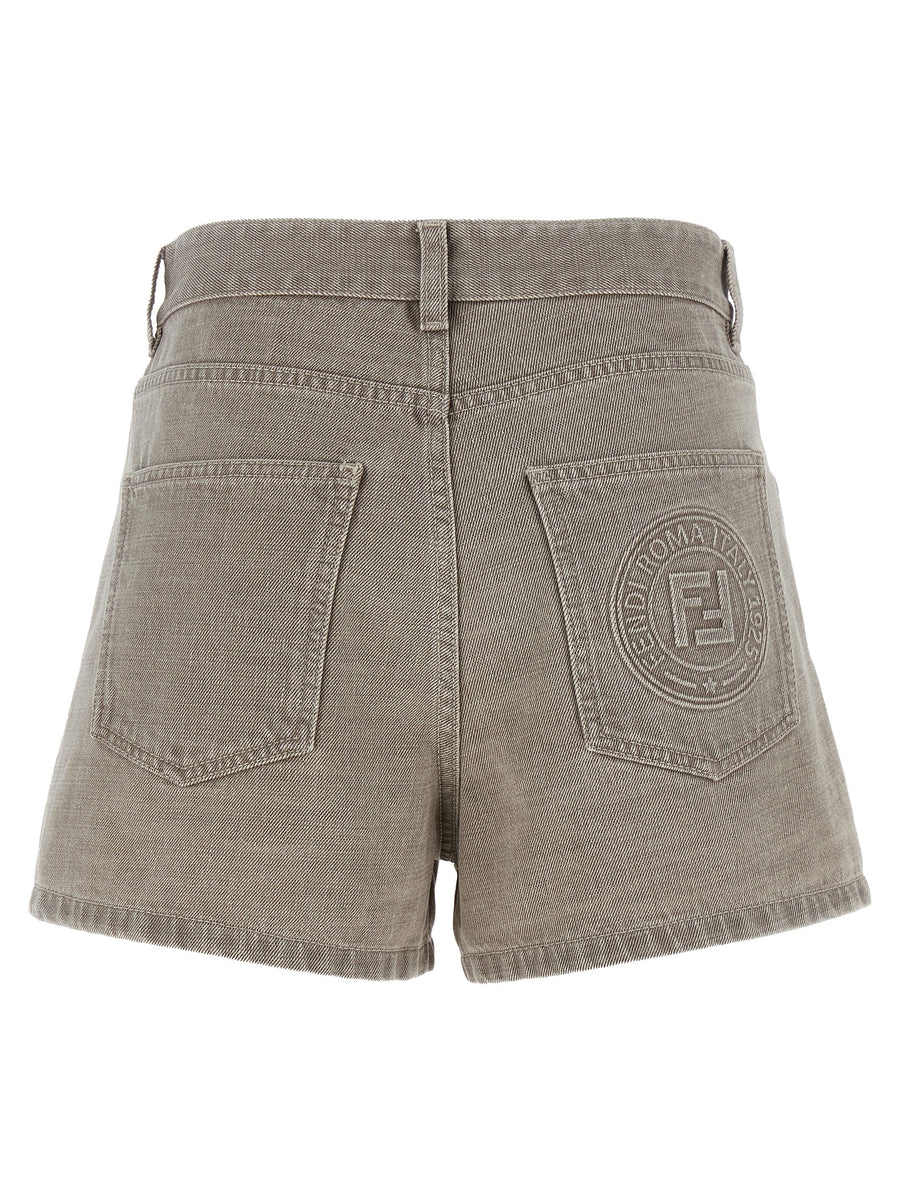 Fendi Stamp 1925 Shorts for Women Beige 100 Percent Cotton Denim with Signature Back Patch Luxury Detail