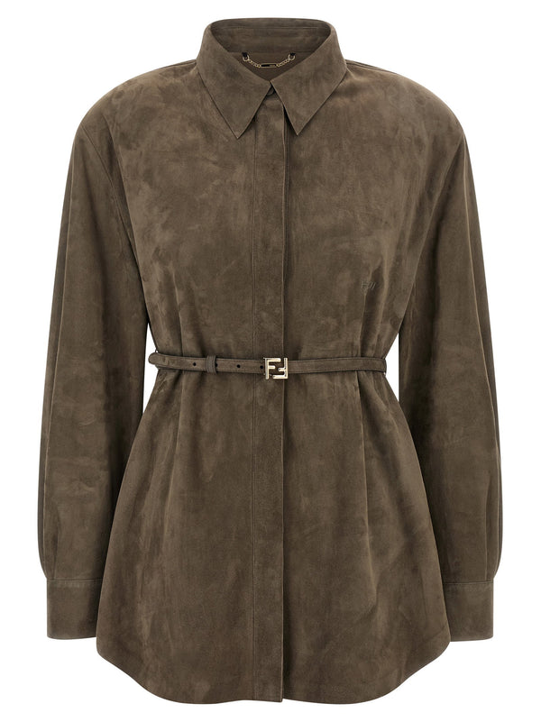 Fendi Gray Suede Shirt For Women Luxurious 100 Percent Lamb Leather With Versatile Tailoring