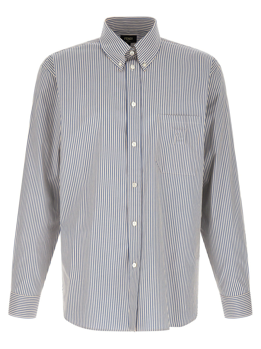 Fendi Blue Striped Button Down Shirt For Men 100 Percent Cotton Signature Embossed FF Pocket