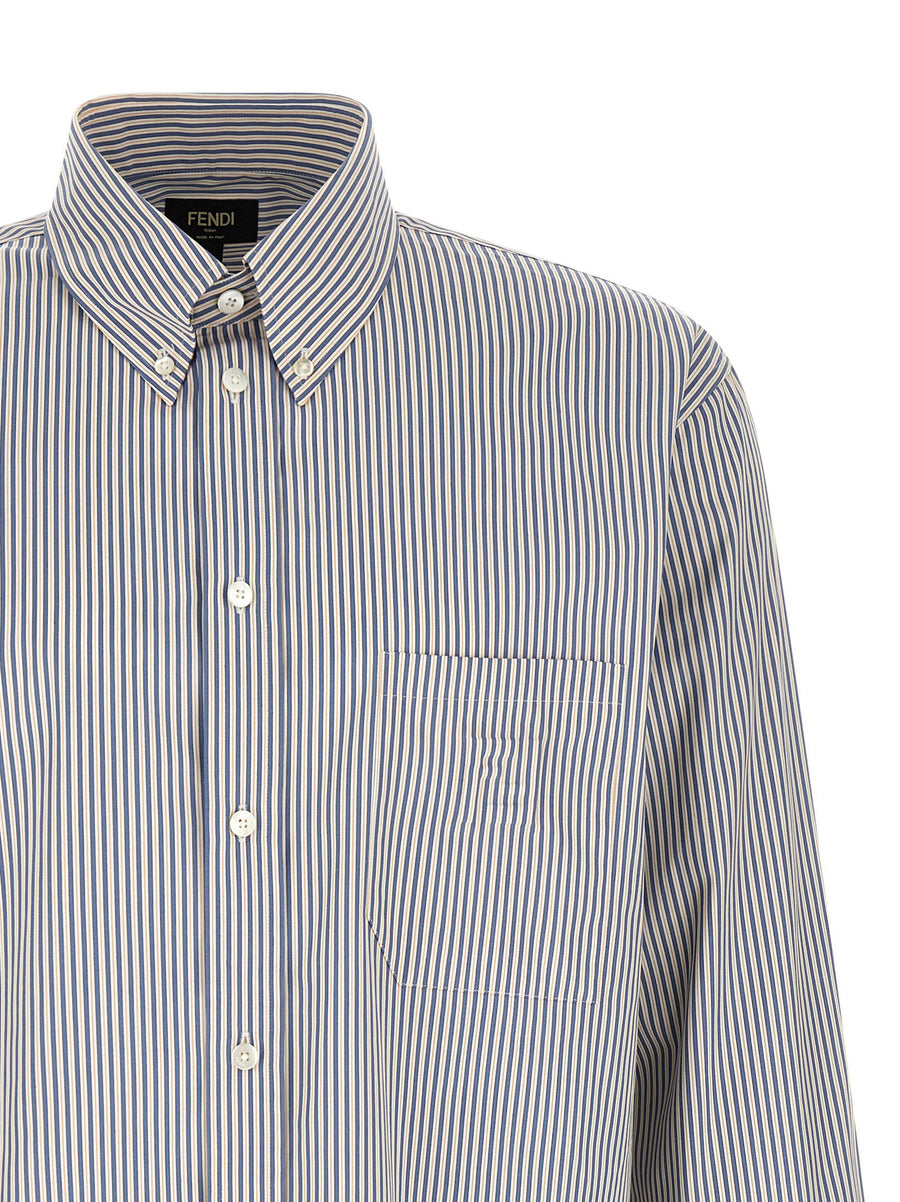 Fendi Blue Striped Button Down Shirt For Men 100 Percent Cotton Signature Embossed FF Pocket