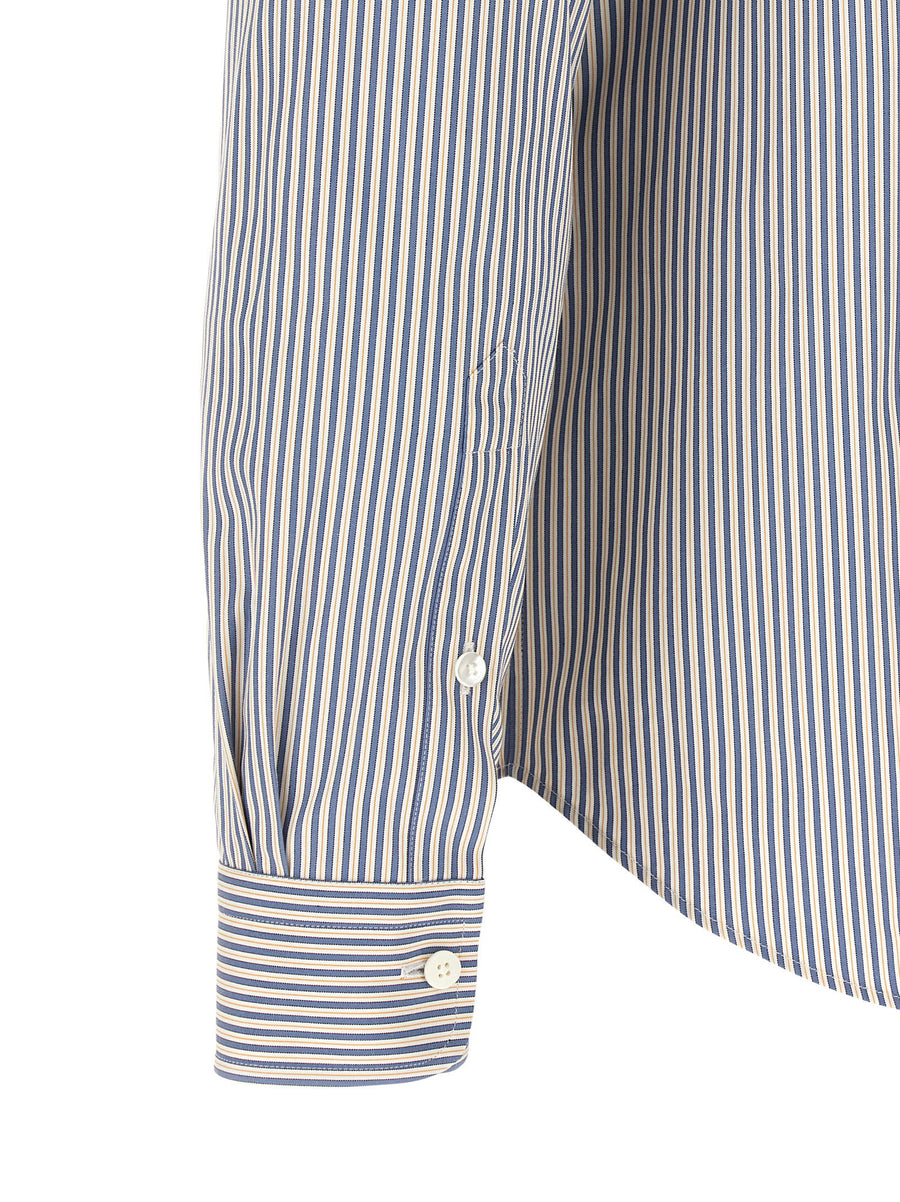 Fendi Blue Striped Button Down Shirt For Men 100 Percent Cotton Signature Embossed FF Pocket