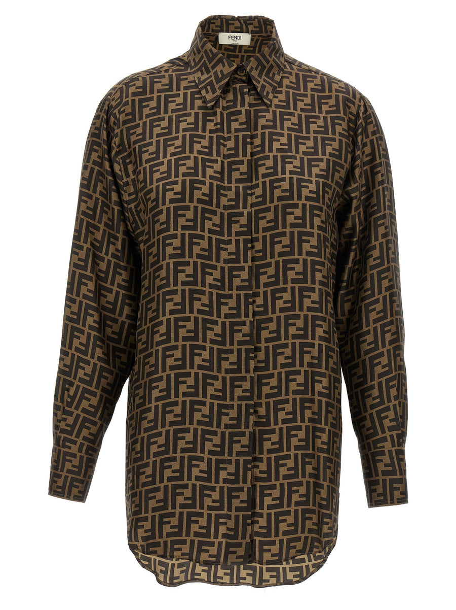 Fendi FF Monogram Silk Twill Shirt For Women Brown Long Sleeve