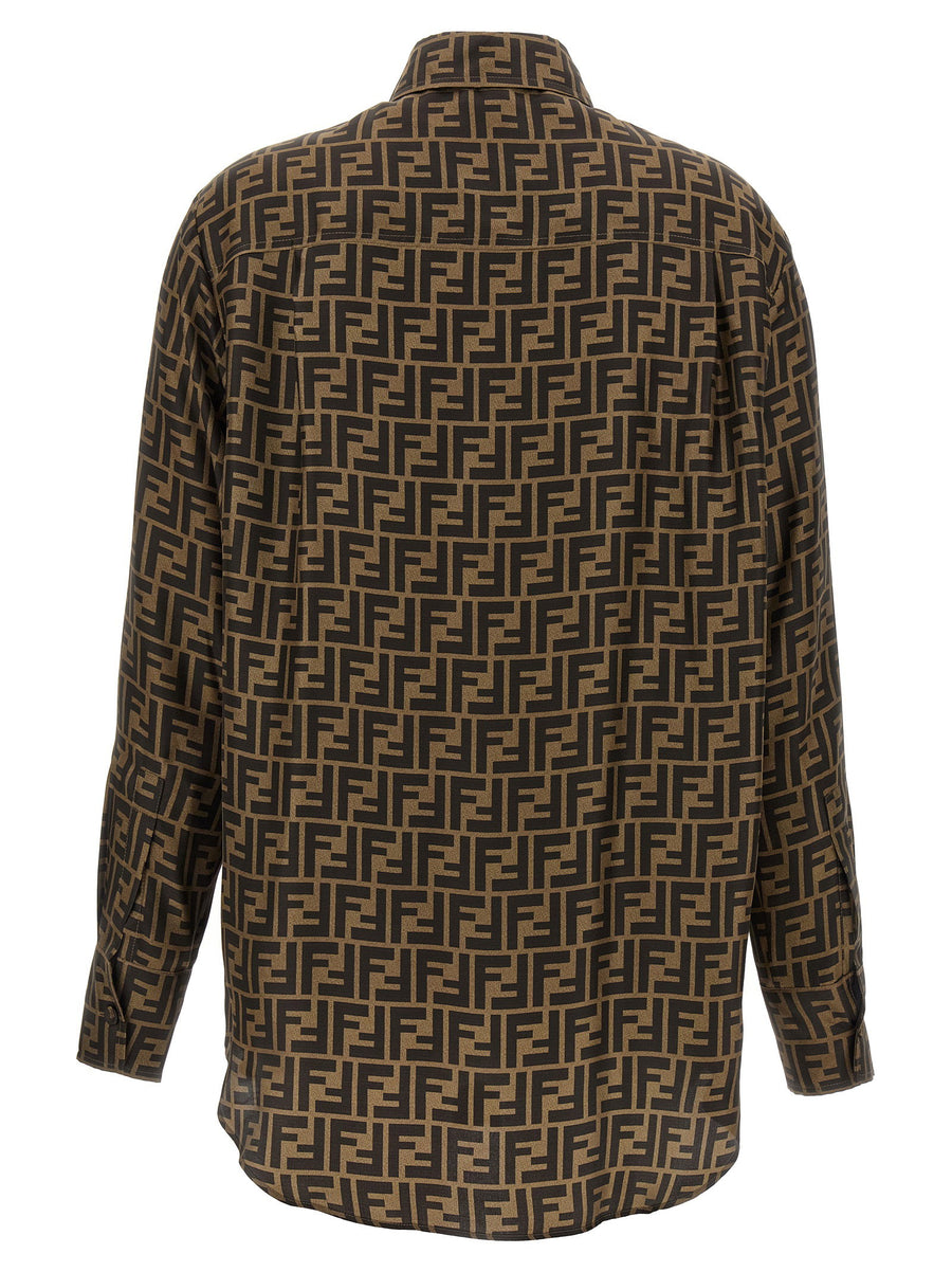 Fendi FF Monogram Silk Twill Shirt For Women Brown Long Sleeve