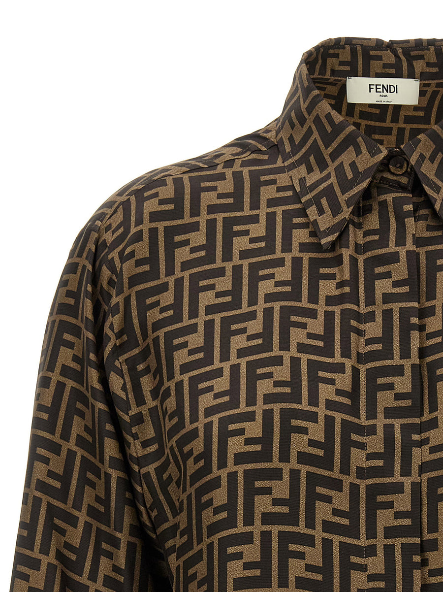 Fendi FF Monogram Silk Twill Shirt For Women Brown Long Sleeve