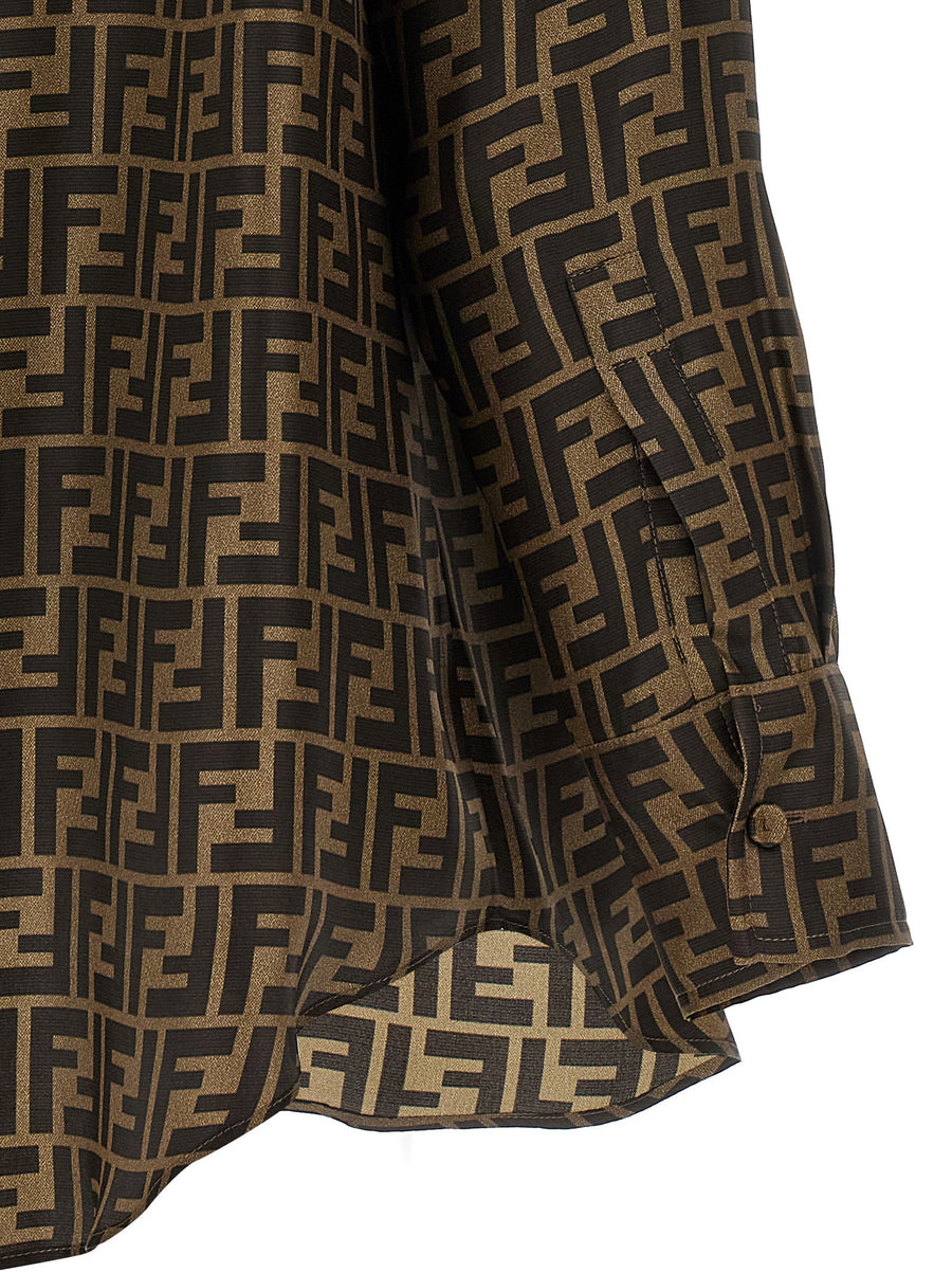 Fendi FF Monogram Silk Twill Shirt For Women Brown Long Sleeve