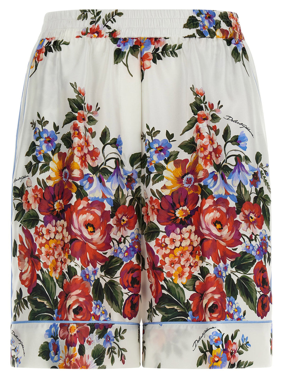 Dolce And Gabbana Vanity Luxurious Silk Bermuda Shorts For Women With Mazzo Di Fiori Floral Print And Piping