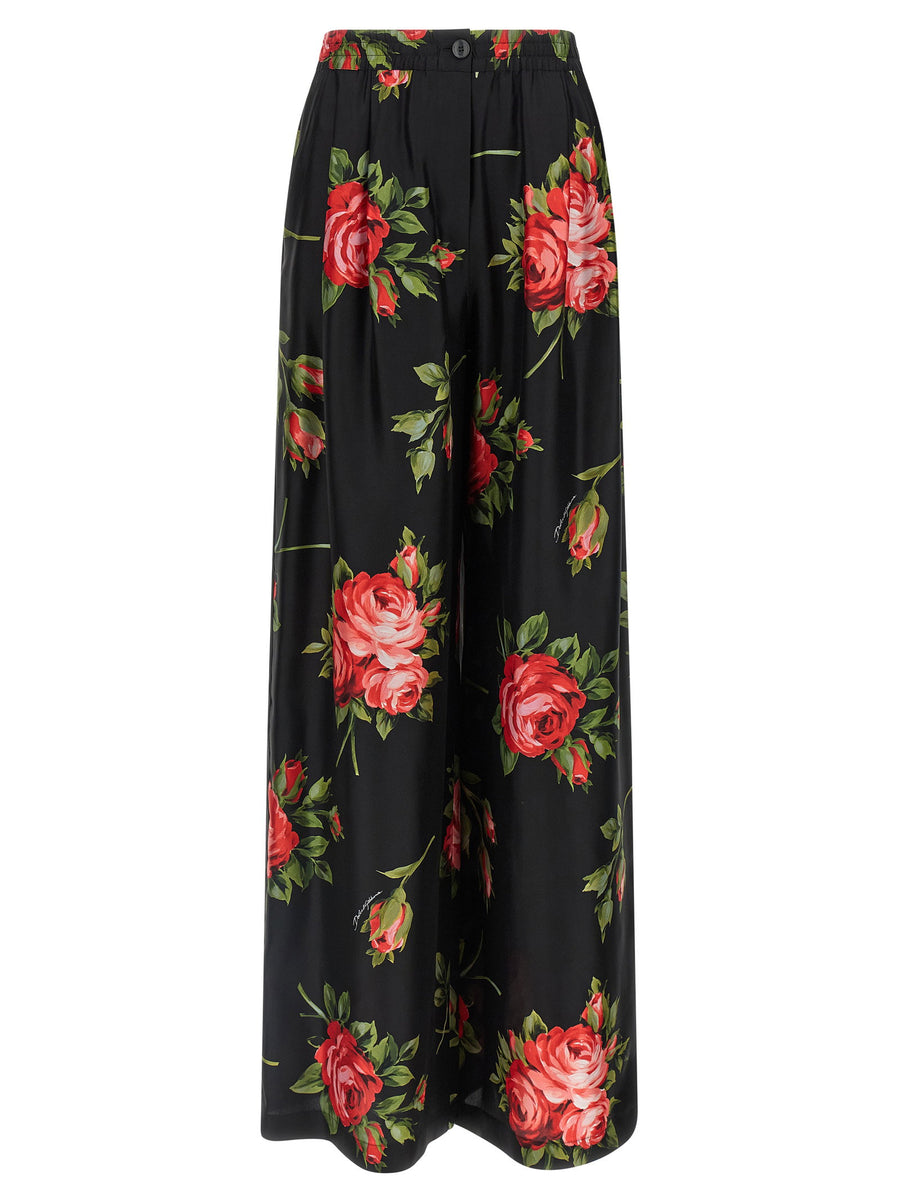 Dolce Gabbana Bouquet Rose Silk Twill Trousers for Women with Piping and Pin Tucks, Wide Leg