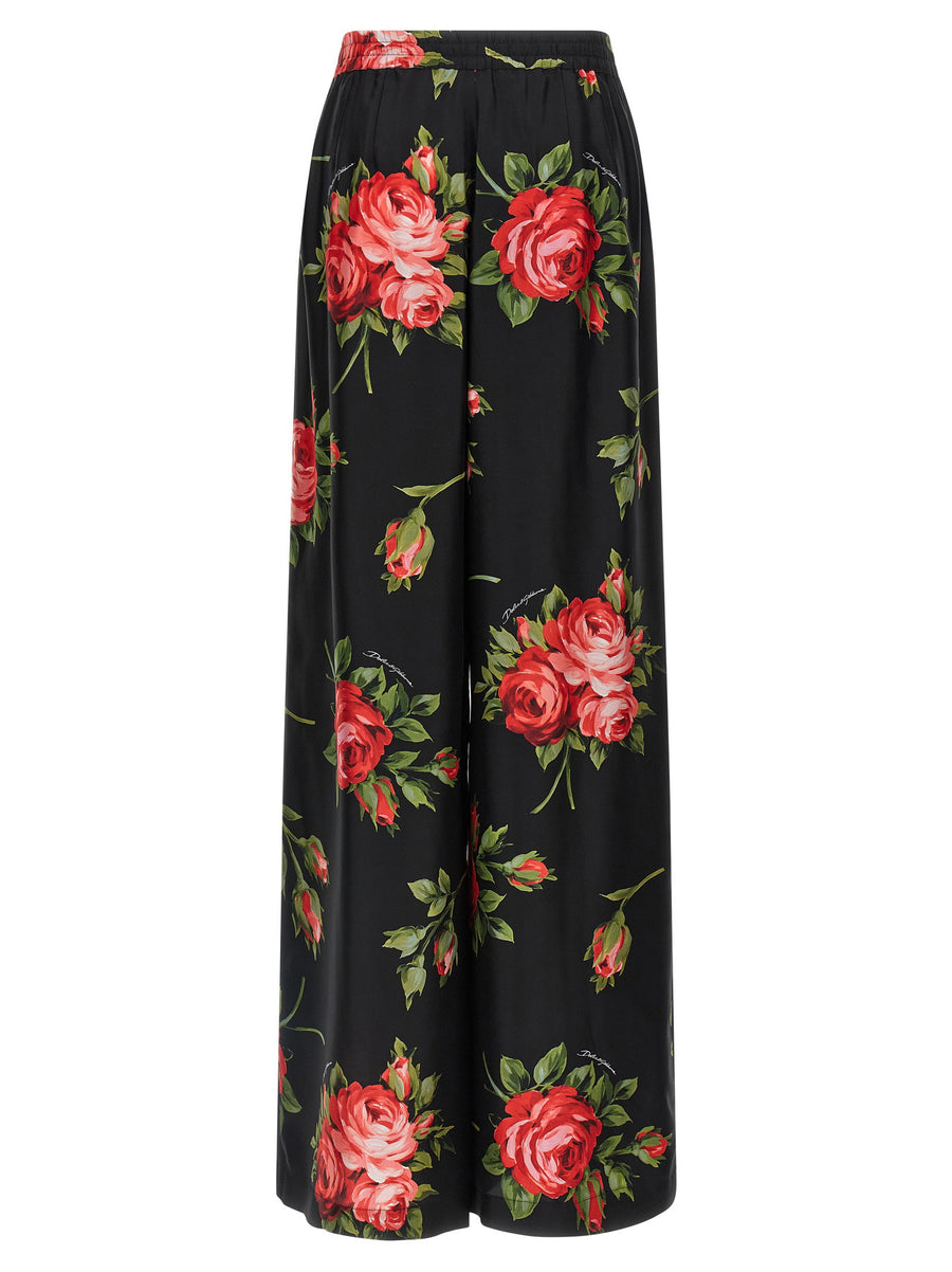Dolce Gabbana Bouquet Rose Silk Twill Trousers for Women with Piping and Pin Tucks, Wide Leg