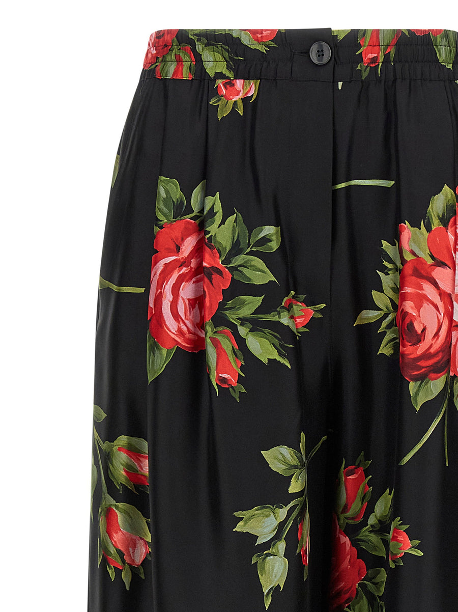 Dolce Gabbana Bouquet Rose Silk Twill Trousers for Women with Piping and Pin Tucks, Wide Leg
