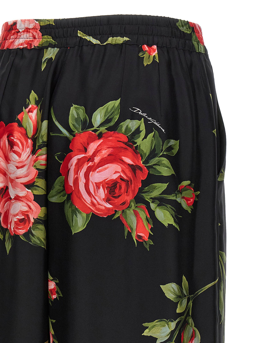 Dolce Gabbana Bouquet Rose Silk Twill Trousers for Women with Piping and Pin Tucks, Wide Leg