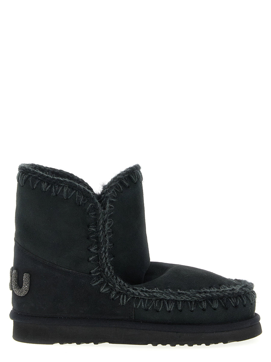 Mou Eskimo 18 Glitter Logo Sheepskin Leather Ankle Boots Black Fur Lined