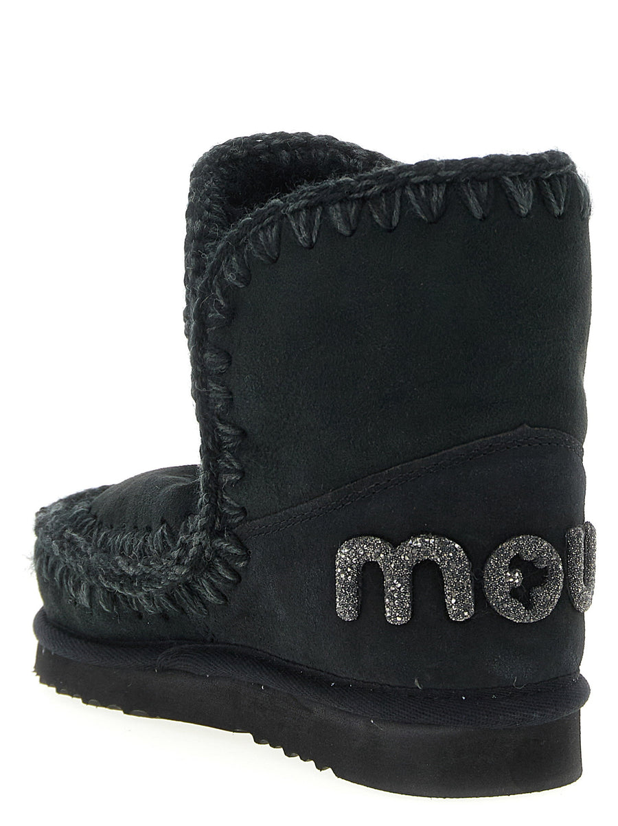 Mou Eskimo 18 Glitter Logo Sheepskin Leather Ankle Boots Black Fur Lined