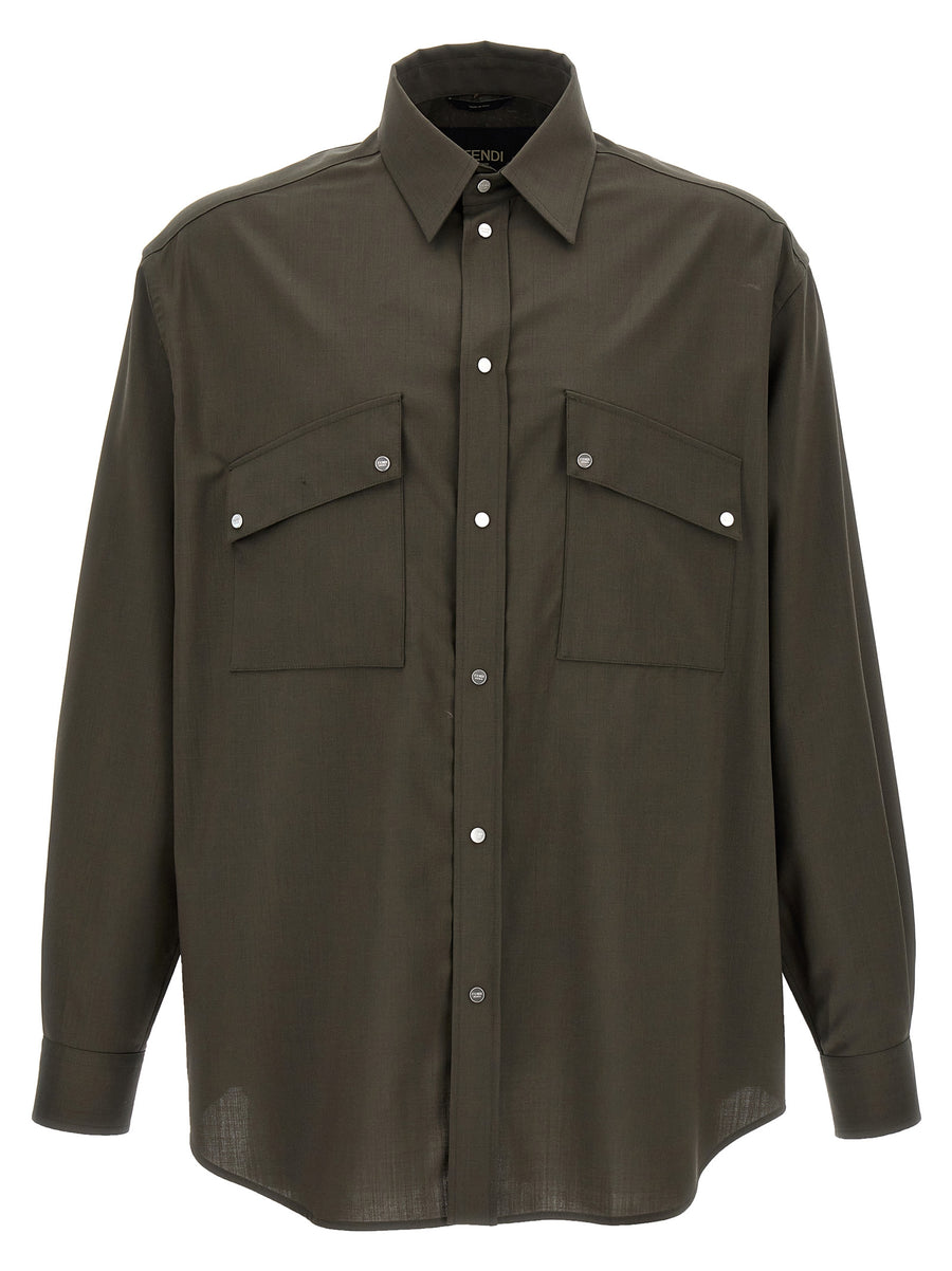Fendi Green Wool Shirt For Men Oversized Layering Luxury 100 Percent Wool Embroidered Logo Back