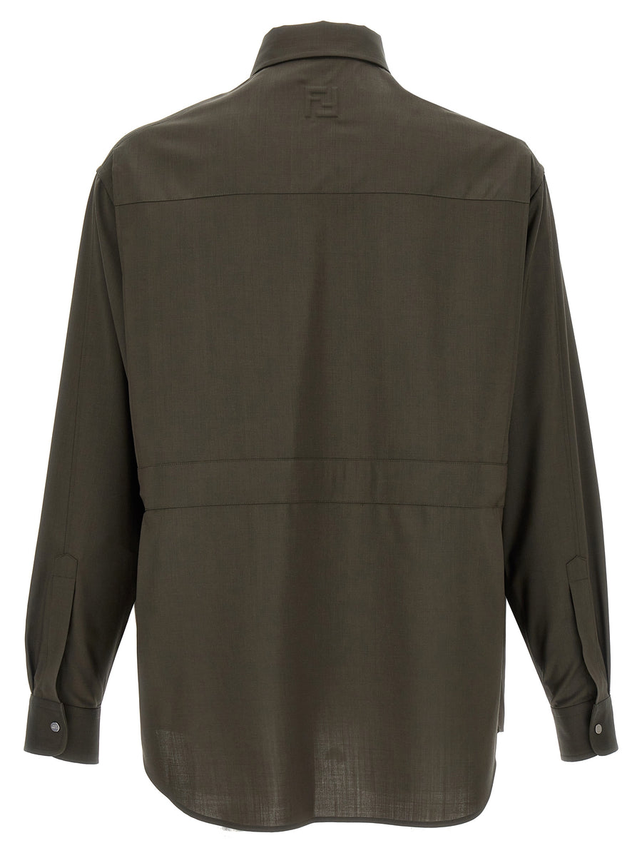 Fendi Green Wool Shirt For Men Oversized Layering Luxury 100 Percent Wool Embroidered Logo Back