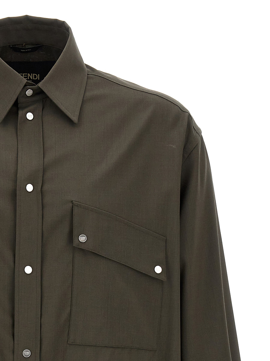 Fendi Green Wool Shirt For Men Oversized Layering Luxury 100 Percent Wool Embroidered Logo Back