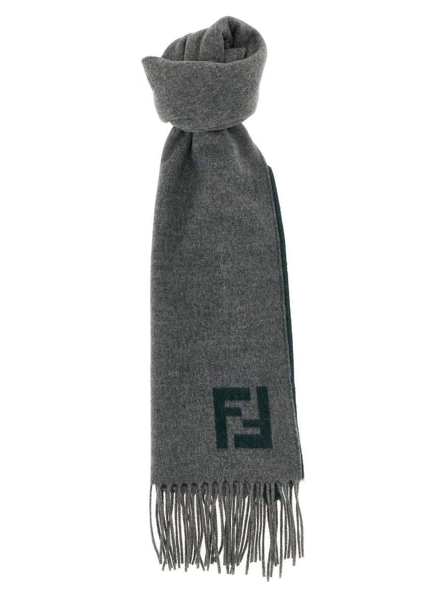 Fendi Double-Sided Scarf for Men Wool Cashmere Multicolor FF Intarsia Fringed Hem