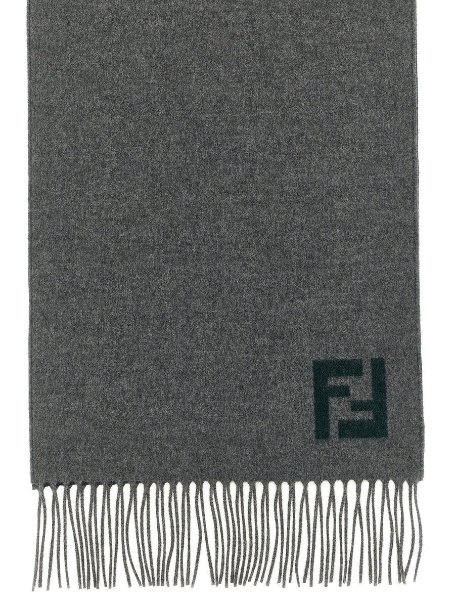 Fendi Double-Sided Scarf for Men Wool Cashmere Multicolor FF Intarsia Fringed Hem