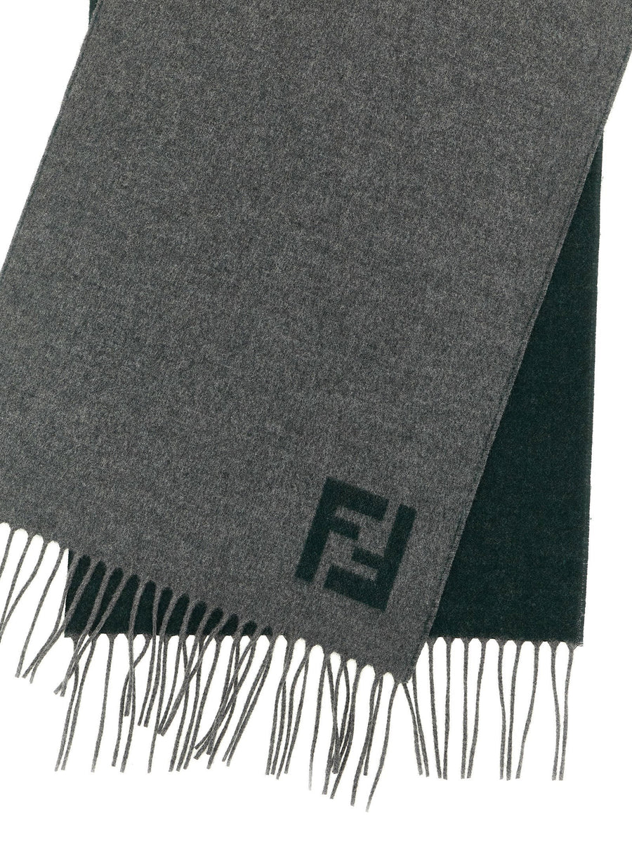 Fendi Double-Sided Scarf for Men Wool Cashmere Multicolor FF Intarsia Fringed Hem